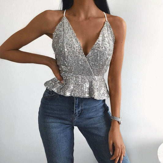 Women Sexy Luxury Sequined Crop Top Peplum Sleeveless Cropp - Mubimart