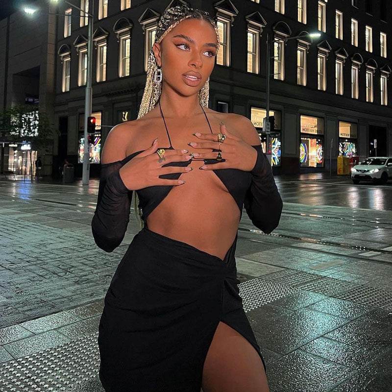 Women's Split Sheath Skirt Backless Slip Dress - Mubimart