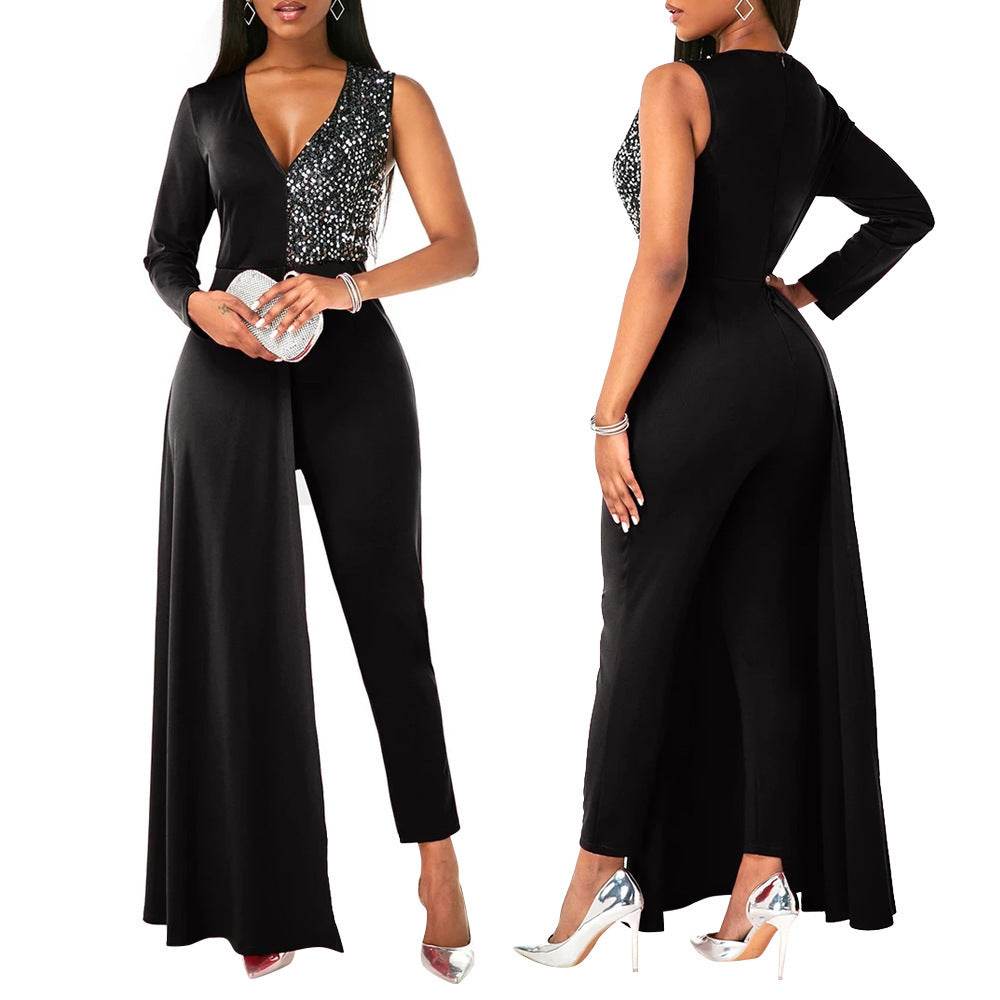 V-neck Sequin Covered Hip Plus Size Jumpsuit - Mubimart