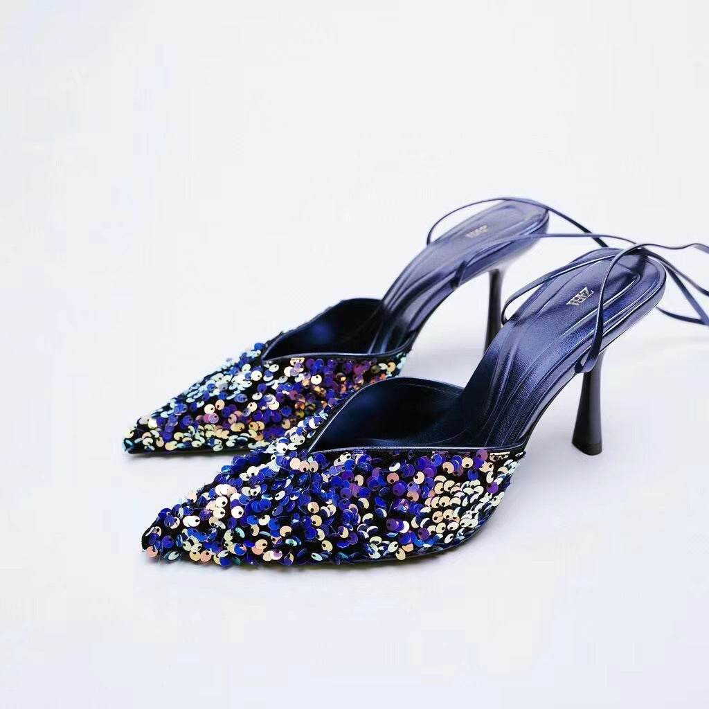 Women's Black Blue Sequin Slingback High Heel Mules - Mubimart