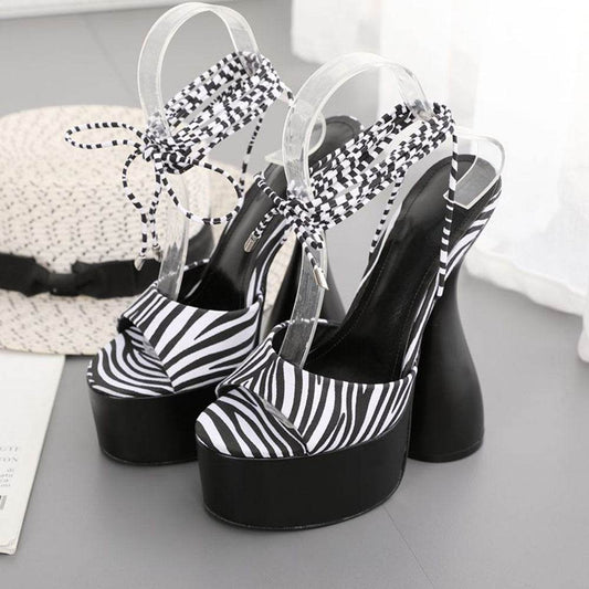 Black And White Striped Lace Up Shaped High Heels - Mubimart