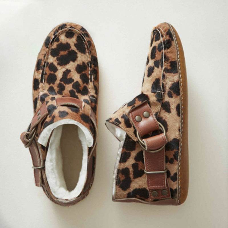 Women's Comfy Leather Leopard Flats Autumn Buckle Strap Shoes For Women New Casual Travel Breathable Women Shoes - Mubimart