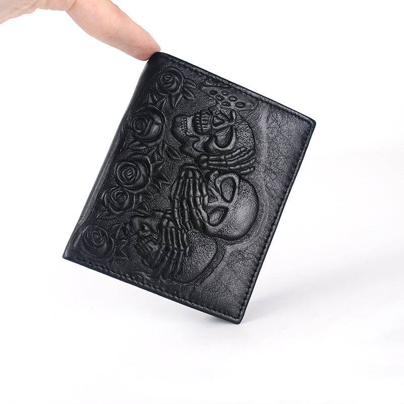 Rose Skull Leather Wallet Horizontal And Vertical Business Short Men's Business Casual Wallet - Mubimart