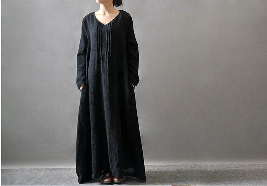 Artistic Texture Linen Robe Plus Size Dress - Mubimart