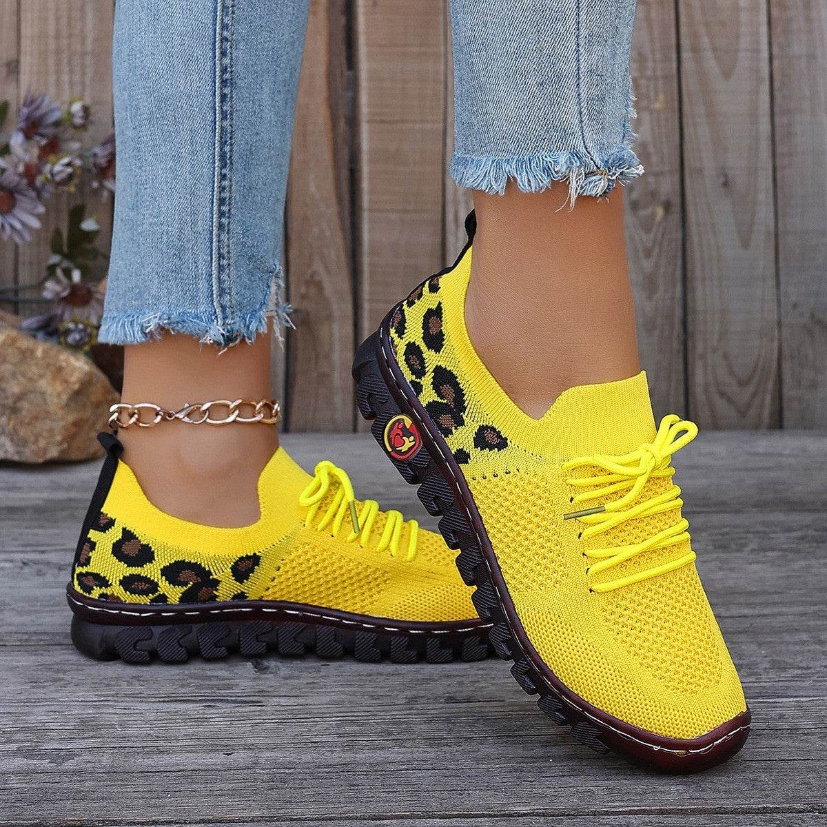 Leopard Print Round Head Lace-up Flat Bottom Comfort Breathable Mesh Surface Shoes - Mubimart