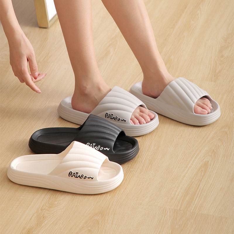 Solid Stripe Thick-soled Slippers Summer Non-slip Floor Bathroom Home Slipper For Women Men's House Shoes - Mubimart