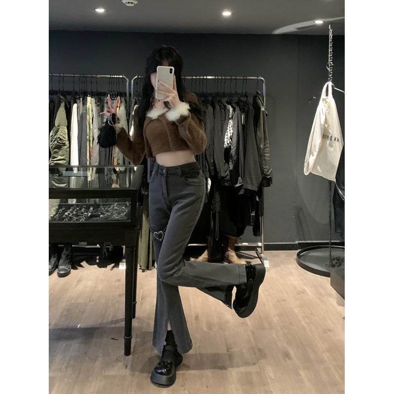 Women's Love Design Sensation Niche Slit Jeans Micro Flare - Mubimart