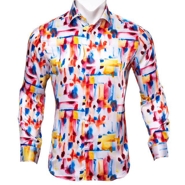 Barry.Wang Teal Paisley Floral Silk Shirts Men Autumn Long Sleeve Casual Flower Shirts For Men Designer Fit Dress Shirt BCY-05 - Mubimart