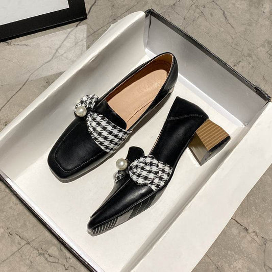 Women's High Heel Leather Shoes British Style Loafers Thick Heel Single Shoes Women - Mubimart