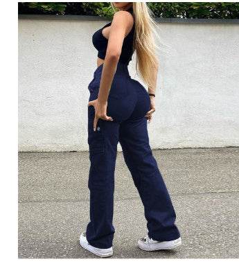 Straight Leg Cargo Pants Women High Waist Casual Baggy Pants - Mubimart