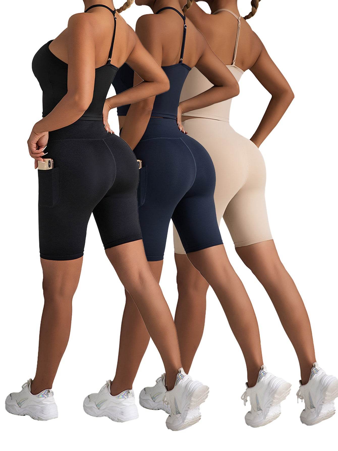 3 Pack Biker Shorts With Pockets High Waist Tummy Control Running Workout Polymide Gym Volleyball Yoga Shorts - Mubimart