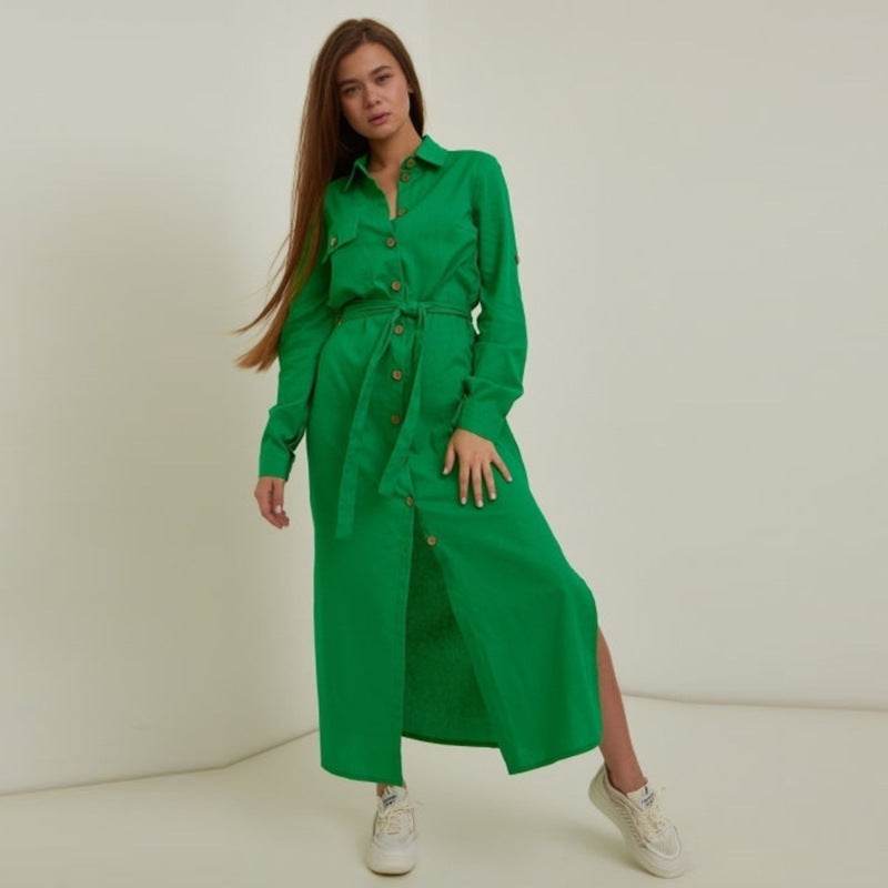 Women's Plus Size Loose Green Casual Waist Tight Dress - Mubimart