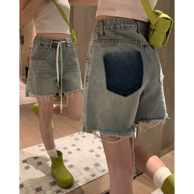 Washed Raw Edge High Waist Slim Wide Leg Denim Shorts Women - Mubimart