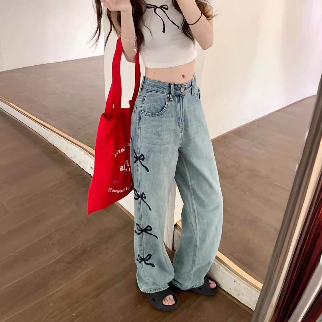 Butterfly Embroidered Jeans Wide-leg Pants For Women - Mubimart
