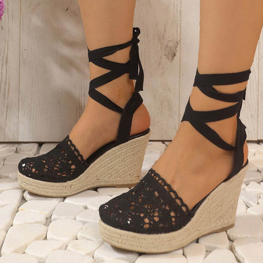 Women's Straw Woven Wedge High Heels Lace Lace-up Sandals - Mubimart