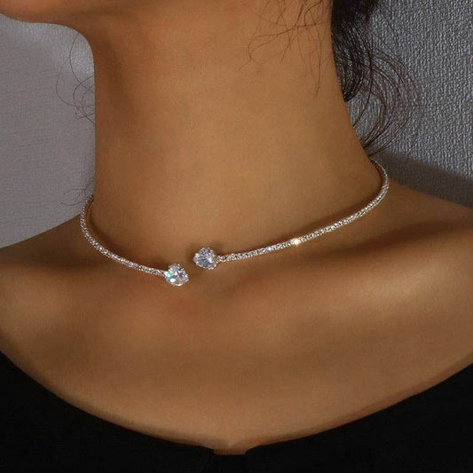 Fashion Jewelry Rhinestone Heart Collar Choker Necklace For Women Silver Color Simple Open Collar Necklace Torques Jewelry Accessories - Mubimart