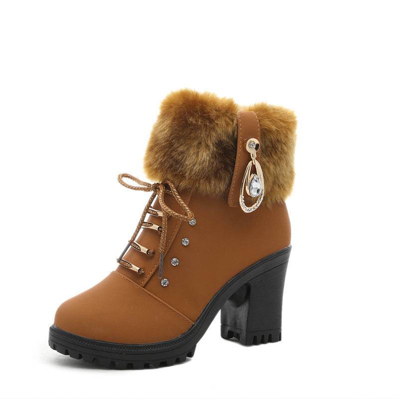 Plush Martin Boots With Lace Up High Heels - Mubimart