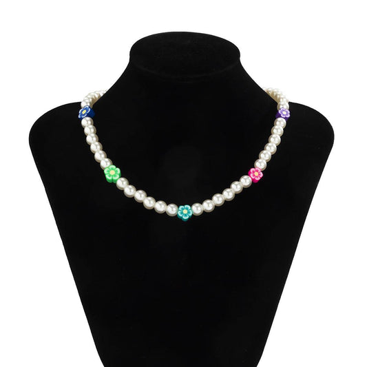 Mens Fashion Colorful Soft Pottery Flower Pearl Necklace - Mubimart