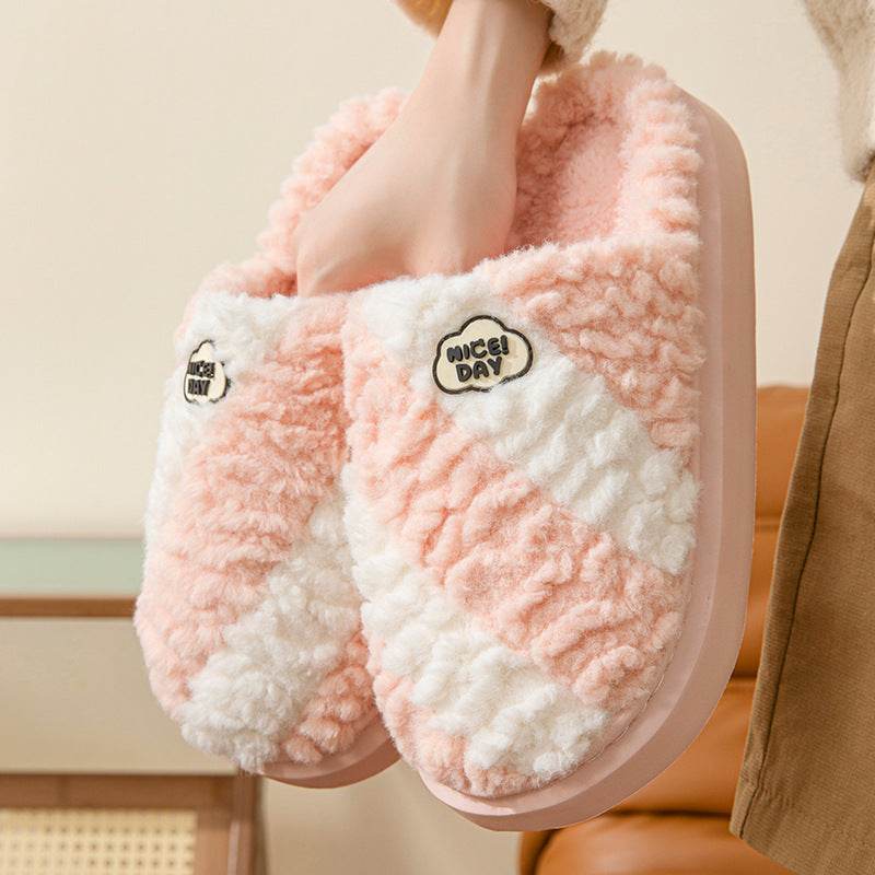 Fashion Color-matching Home Slippers Non-slip Couple House Shoes Winter Warm Floor Bedroom Slipper For Women Men - Mubimart