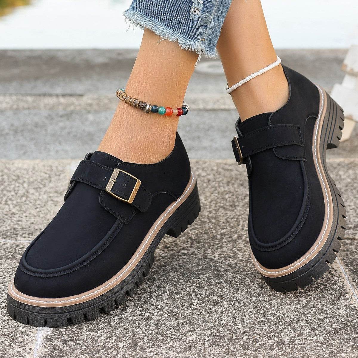 Fashion Buckle Loafers For Women British Style Height-increasing Thick-soled Casual Shoes - Mubimart