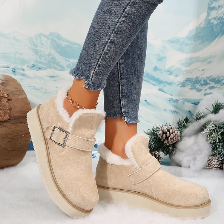 Winter Buckle Snow Boots Fashion Flat Thick-soled Cotton Shoes Round Toe Plus Velvet Warm Ankle Boot For Women