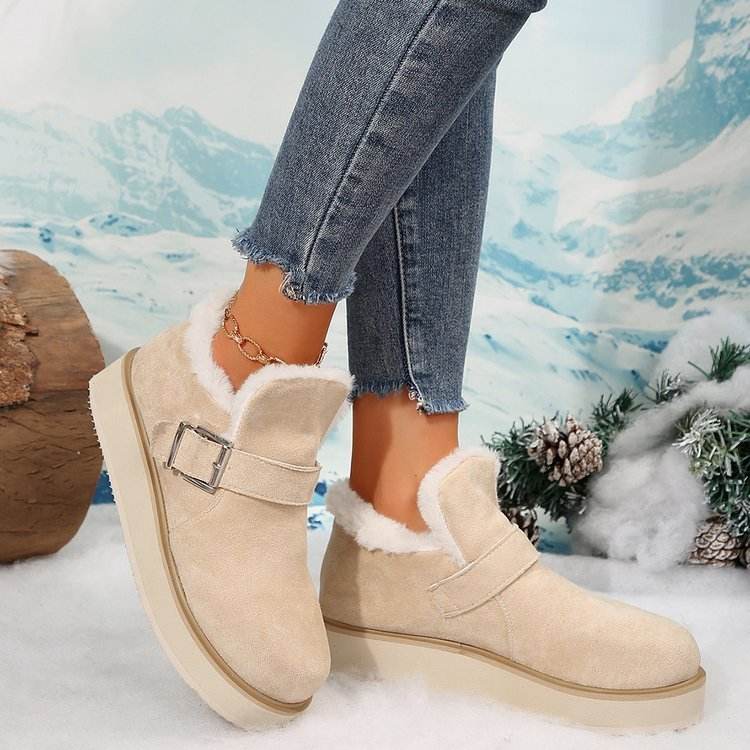 Winter Buckle Snow Boots Fashion Flat Thick-soled Cotton Shoes Round Toe Plus Velvet Warm Ankle Boot For Women - Mubimart