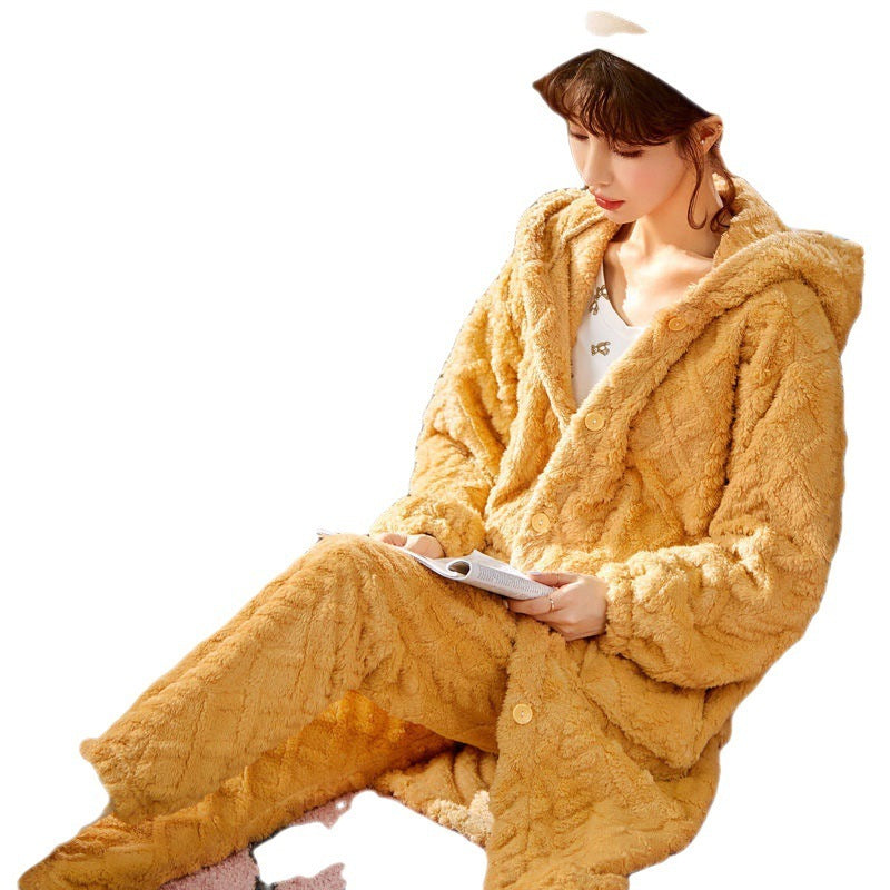 Long Flannel Robe Bathrobe Loungewear Set - Mubimart -  