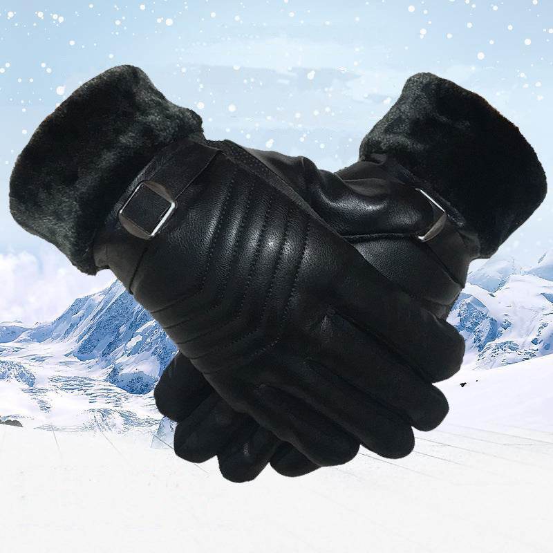 Winter Leather Gloves For Men And Women Velvet Thickened Cold-proof Warm Cycling Anti-slip Touch-screen Large Fleece Gloves - Mubimart