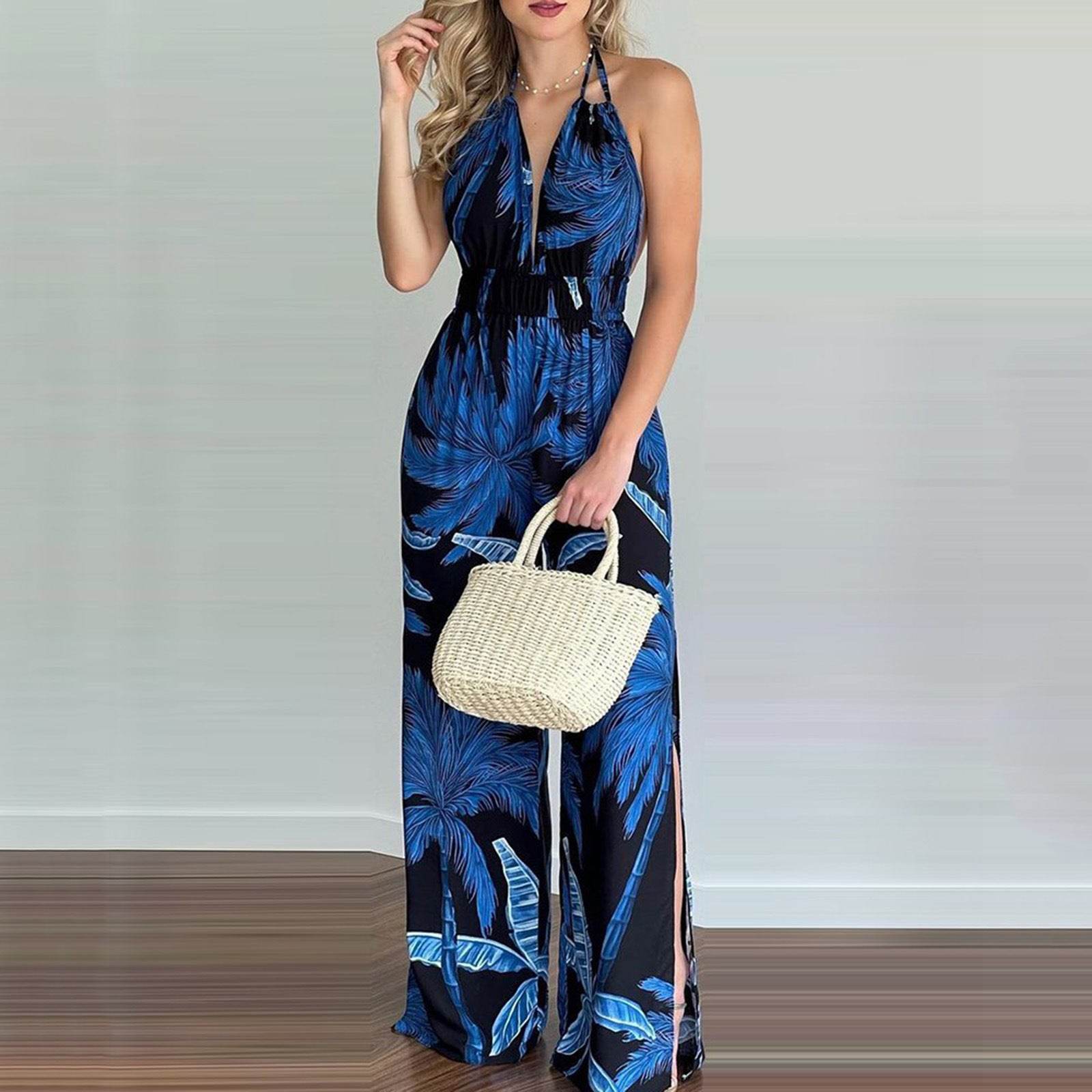 Printed Suspender Dress Plus Size Loose Jumpsuit - Mubimart