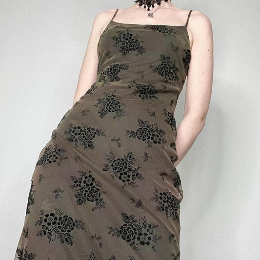 American Dark Vintage Print Slip Dress - Mubimart