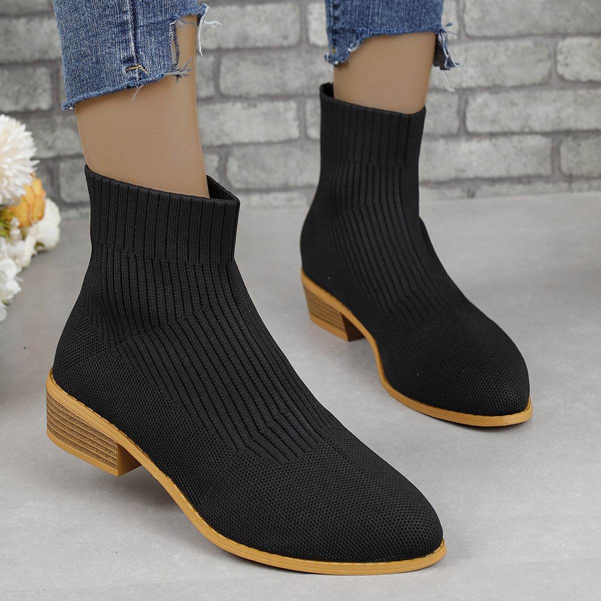Chunky Heel Pointed Toe Ankle Boots Fashion Breathable Mid-tube Knitted Socks Shoes For Women Short Boot - Mubimart