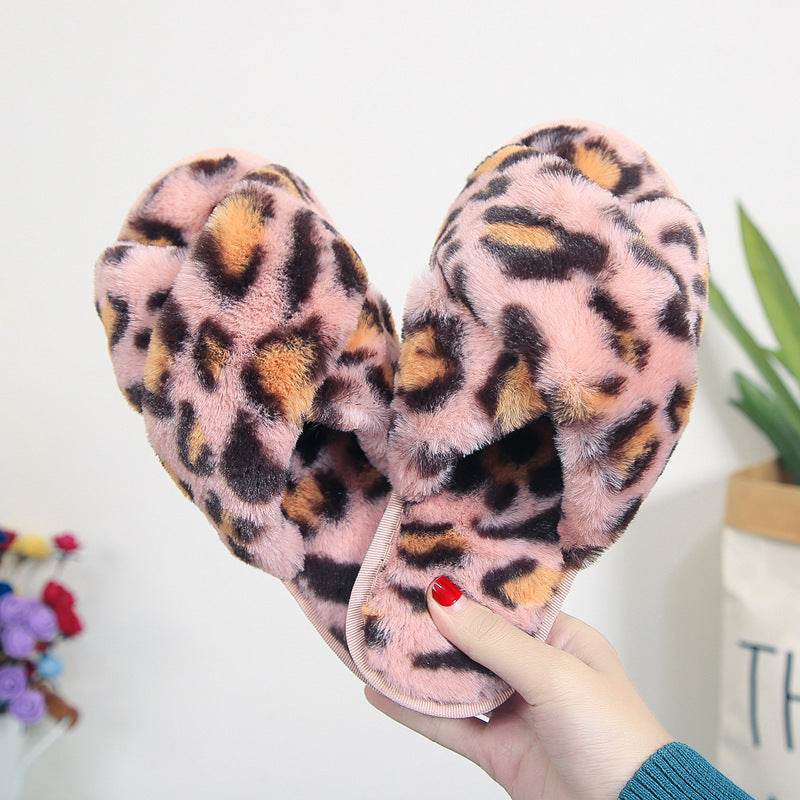 Cross-strap Fuzzy Slippers Leopard Plush House Shoes Flat Bedroom Slippers Slippers For Women - Mubimart