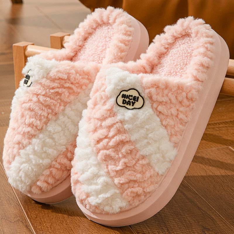 Fashion Color-matching Home Slippers Non-slip Couple House Shoes Winter Warm Floor Bedroom Slipper For Women Men - Mubimart