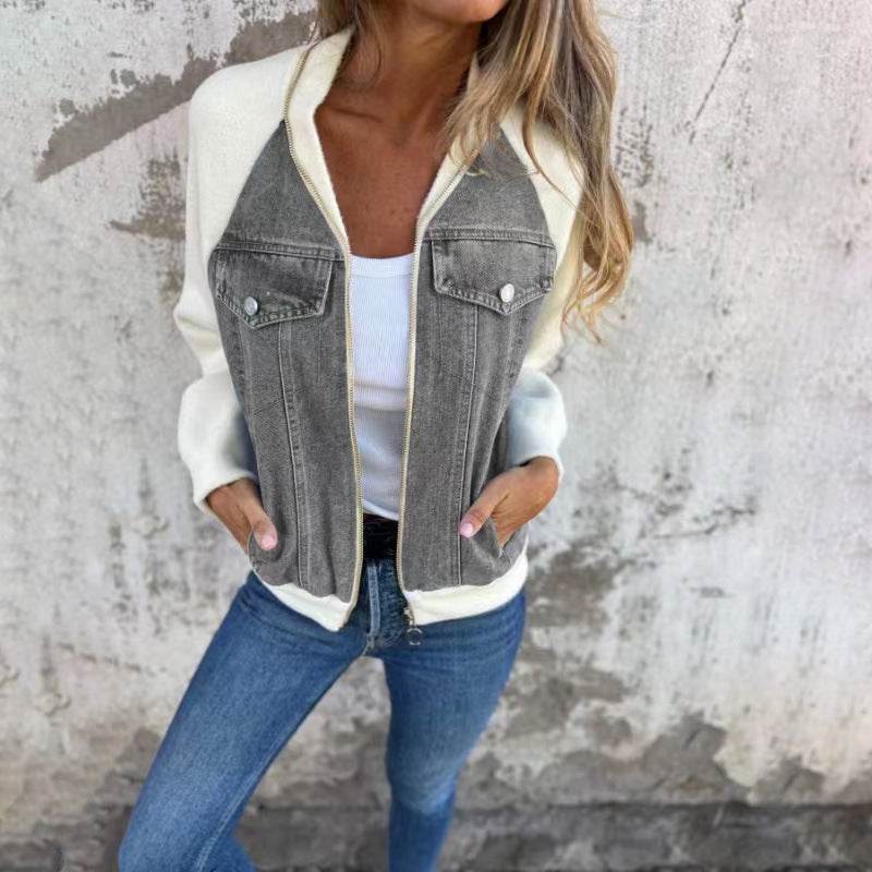 Fashion Denim Patchwork Jacket Casual Hooded Zipper Jacket Women's Clothing - Mubimart