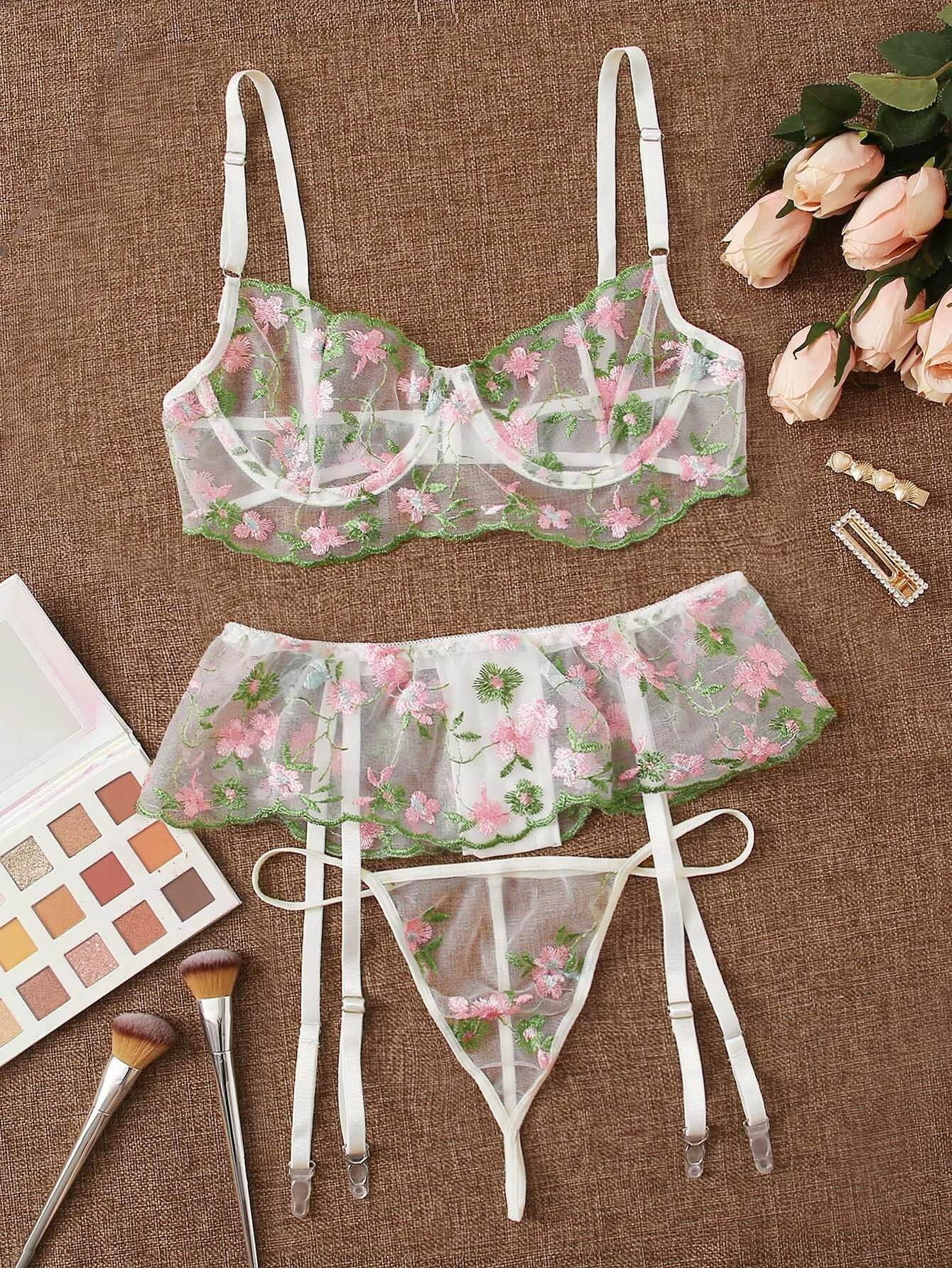 Embroidered Mesh Bra Thong Garter Belt - Mubimart