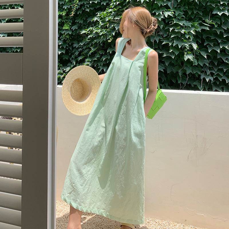 Ladies Fashion Cotton Linen Dress Slip Dress - Mubimart