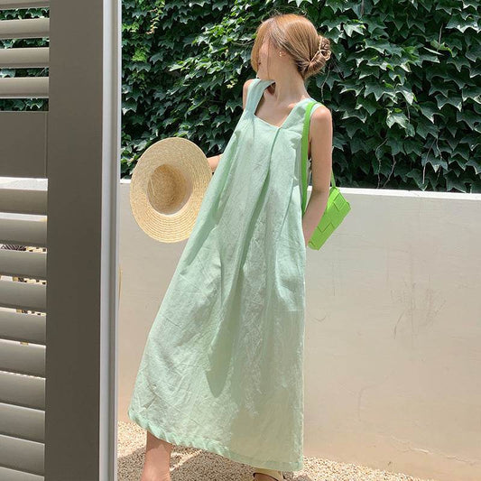 Ladies Fashion Cotton Linen Dress Slip Dress - Mubimart