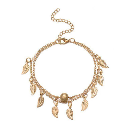 Frosted Round Beads, Small Leaves And Tassel Feet With Double-layer Anklets - Mubimart