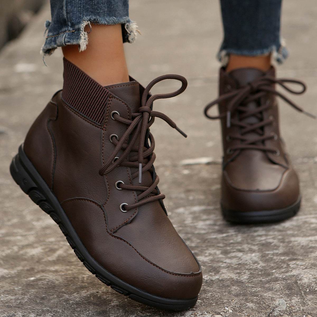 Round Toe Lace-up Ankle Boots Fall Winter Fashion Versatile Non-slip Flat Shoes Retro Western Cowboy Ankle Boot For Women - Mubimart