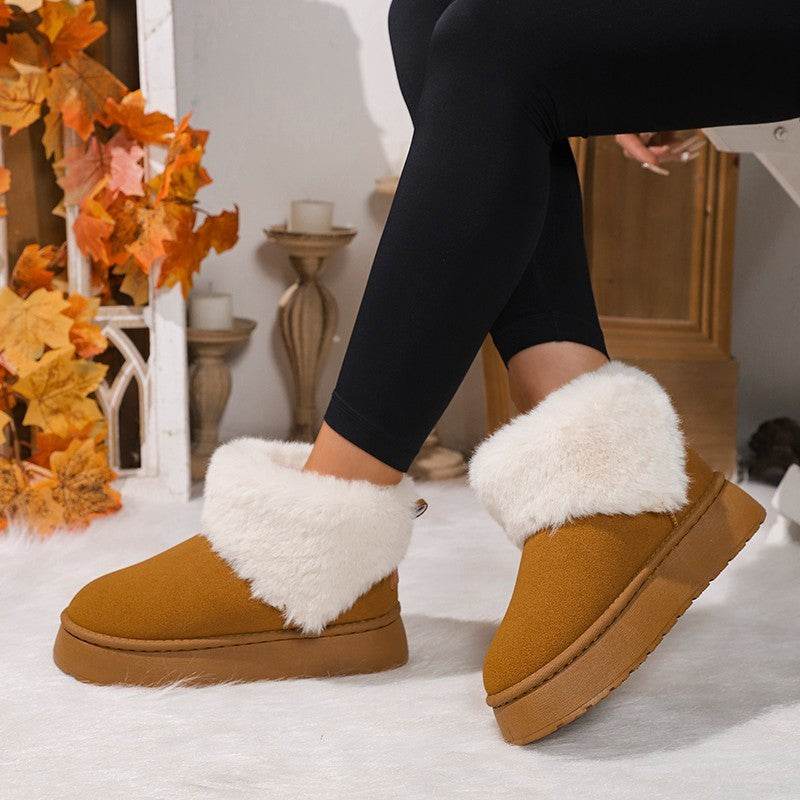 Winter Plush Snow Boots Fashion Round Toe Flat Thickened Suede Cotton Shoes For Women Casual Warm Short Boot - Mubimart