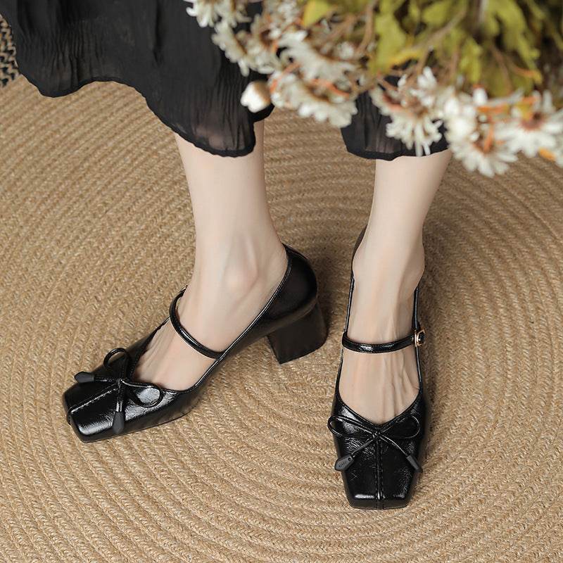 Bow Square Toe Mary Jane Shoes Women - Mubimart