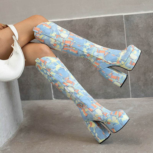 Women's Square Toe Chunky High Heel Boots - Mubimart