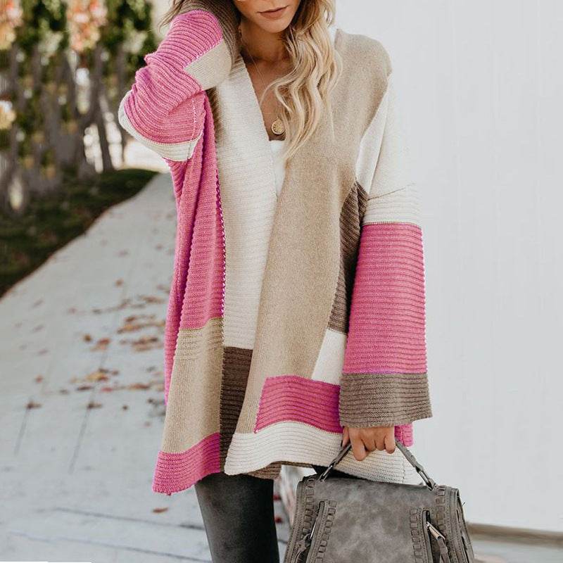 Women's Plus Size Oversized Geometric Colorblock Sweater Cardigan - Mubimart
