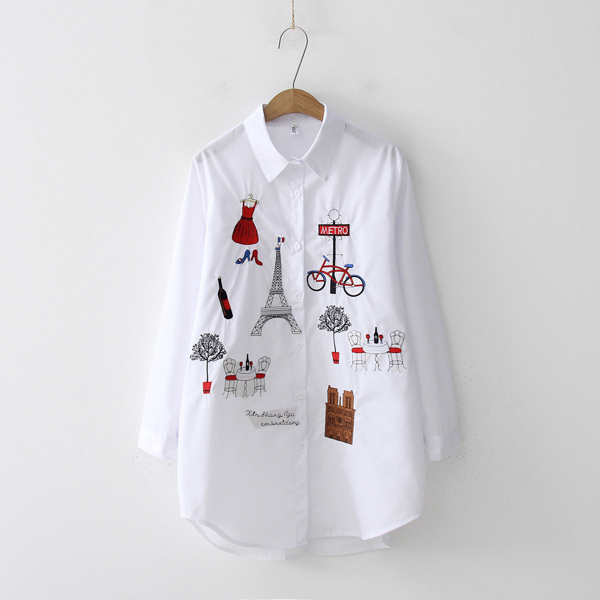 Button-down Collar Long-sleeved Cotton Shirt Embroidery