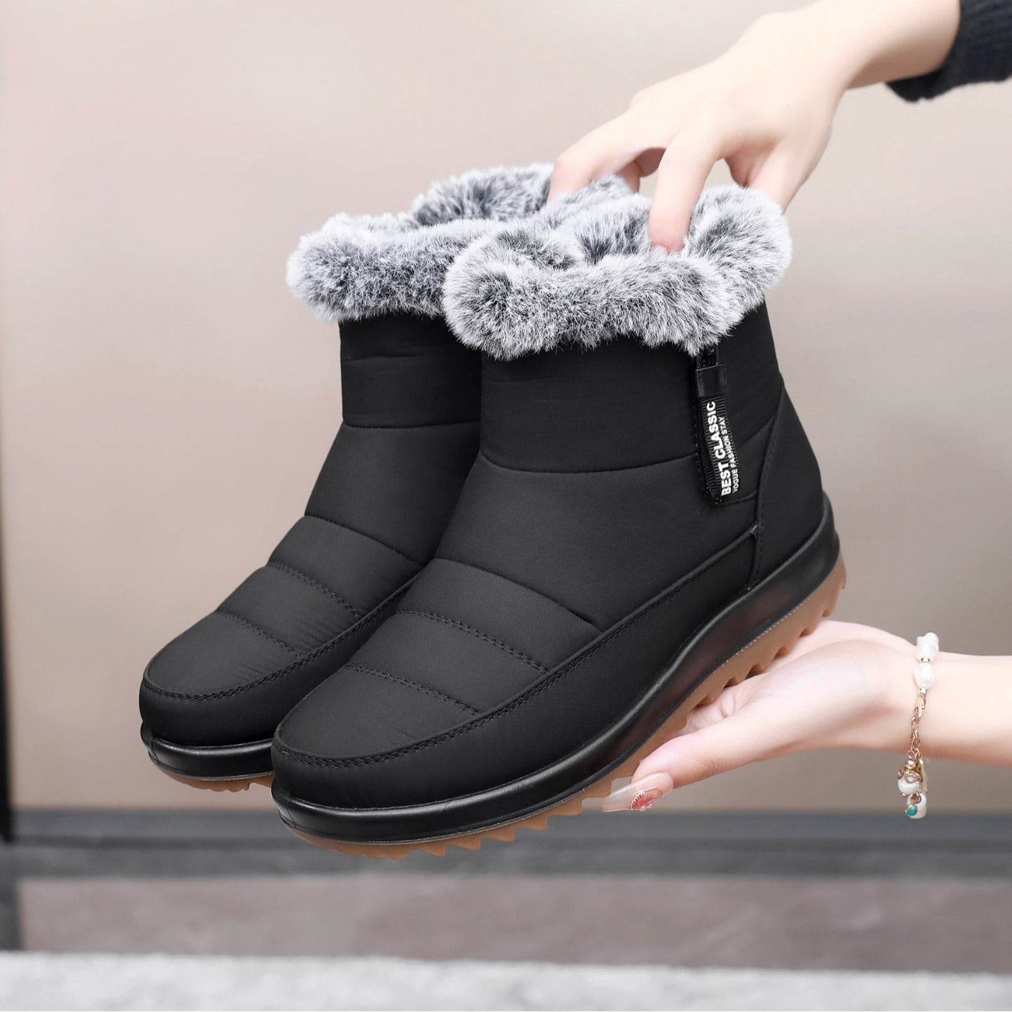 Winter Snow Boot With Side Zipper Fashion Warm Plush Ankle Boots Women's Fleece Short Shoes - Mubimart