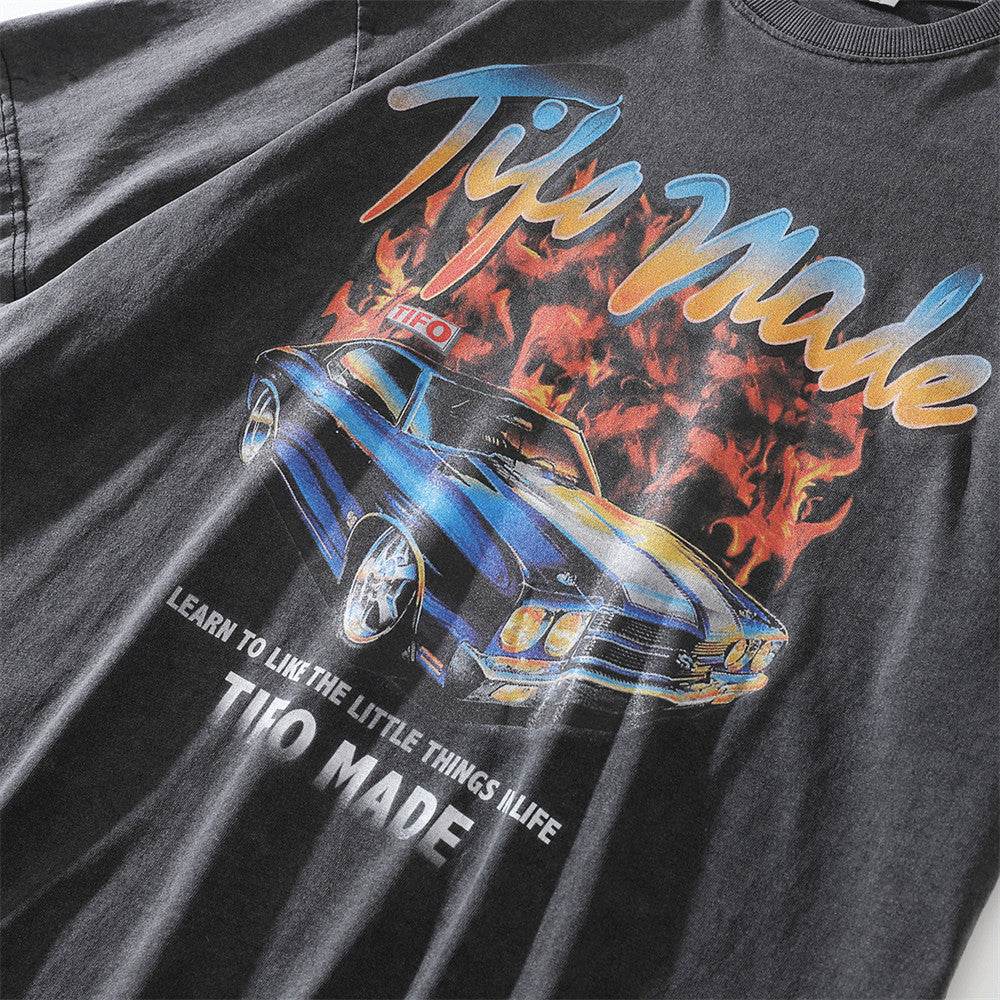 Mens Loose Casual Flame Car Graphic Short Sleeve T-Shirt - Mubimart