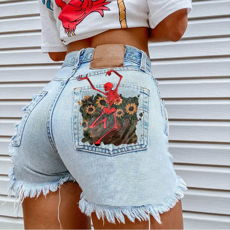 Women Printed Spring Summer Denim Shorts - Mubimart