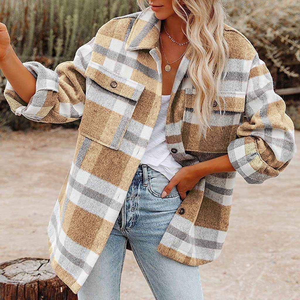 Plaid Button Flannel Woolen Shirt - Mubimart