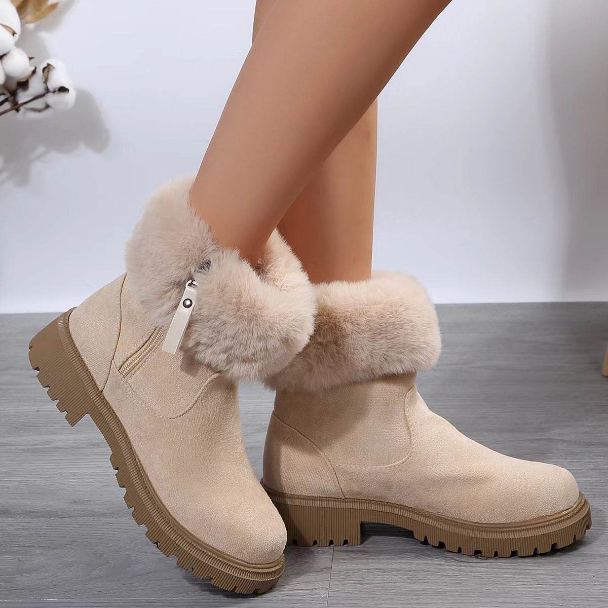 Warm Plush Boots Winter Fashion Side-Zipper Snow Boot For Women Outdoor Thickened Low-heelded Shoes - Mubimart