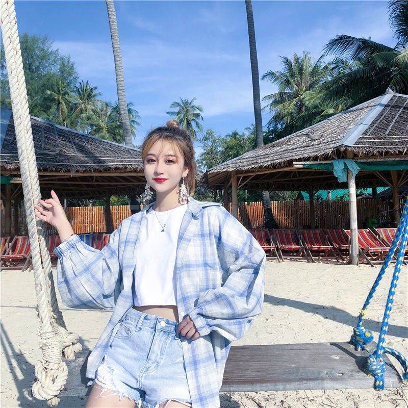 Women Blouses Shirts Plaid Oversize Thin Casual Sun-protect - Mubimart